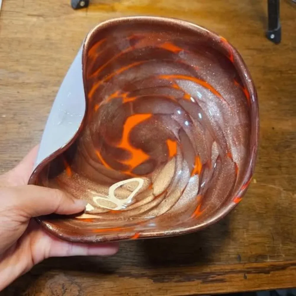 Art Glass Bowl Orange Brown White Swirl Design